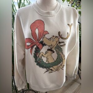 American Eagle Outfitters Cream Crewneck Sweater with Holiday Graphic